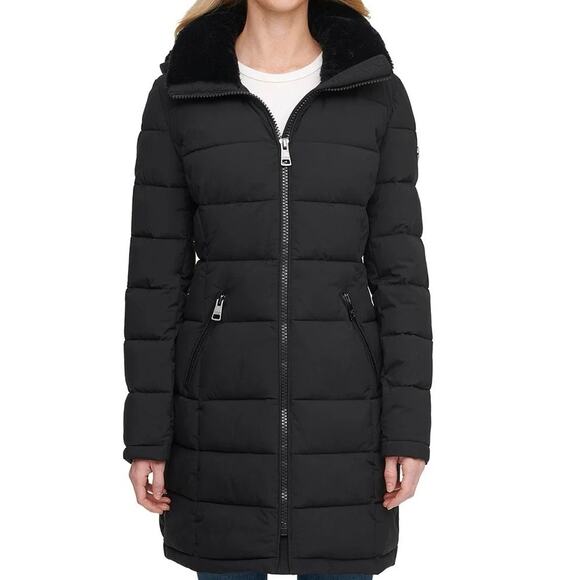 ANDREW MARC Black Long Stretch Parka Puffer Coat Jacket Lined Hood Women’s Sz M - Picture 1 of 6